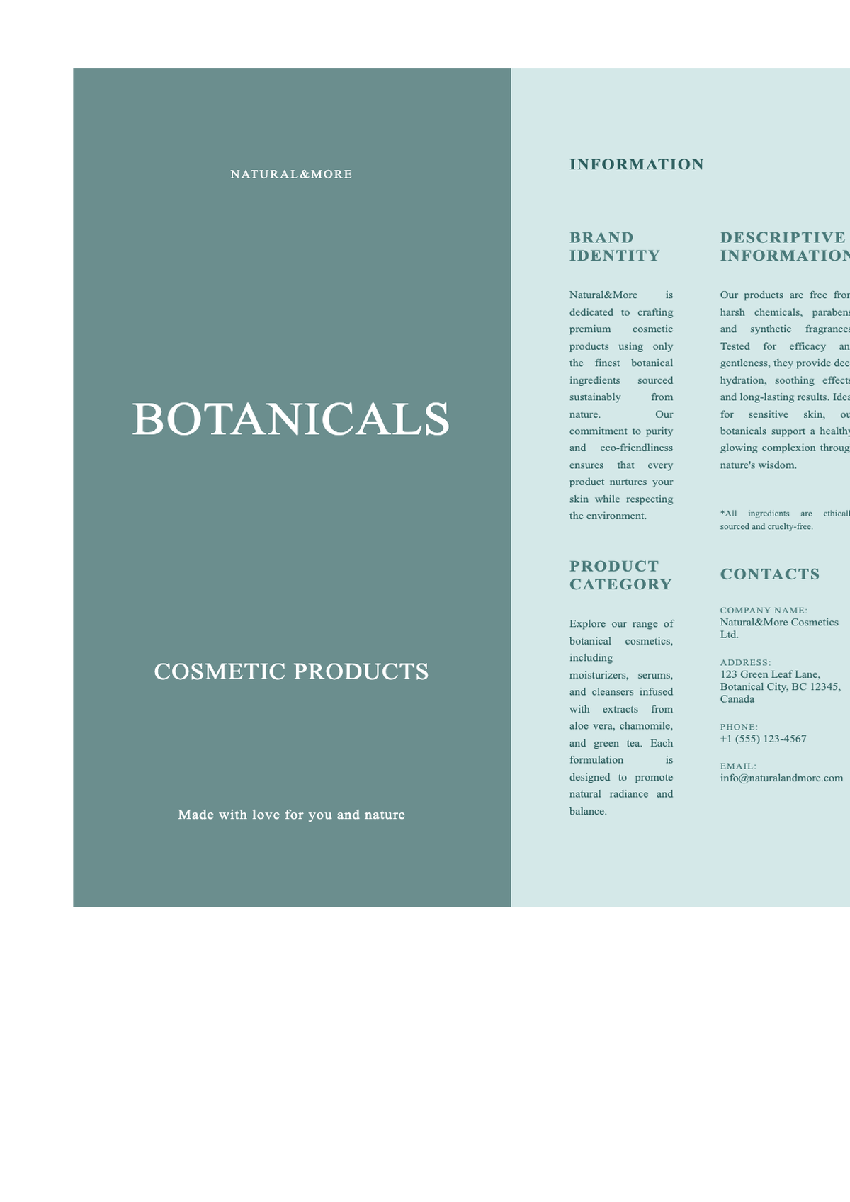 Botanical cosmetic product brochure with nature imagery and contact details_variant_2
